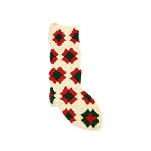 White Granny Square Christmas Stocking 15" Retro Handmade | Vintage Handmade